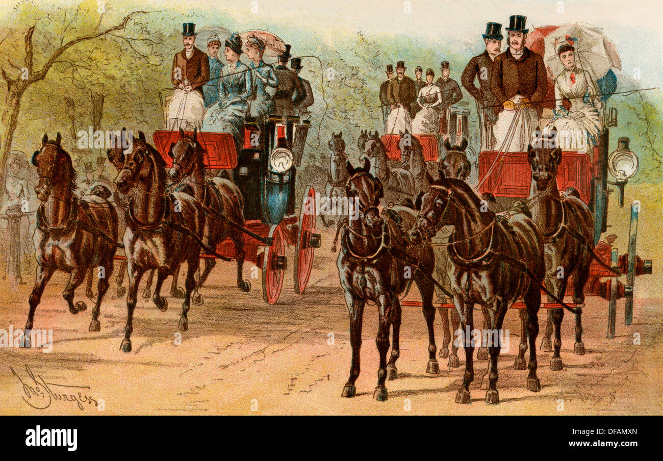 Trainer und Pferd Teams der oberen Klasse Londoners, 1880. Farblithographie Stockfoto