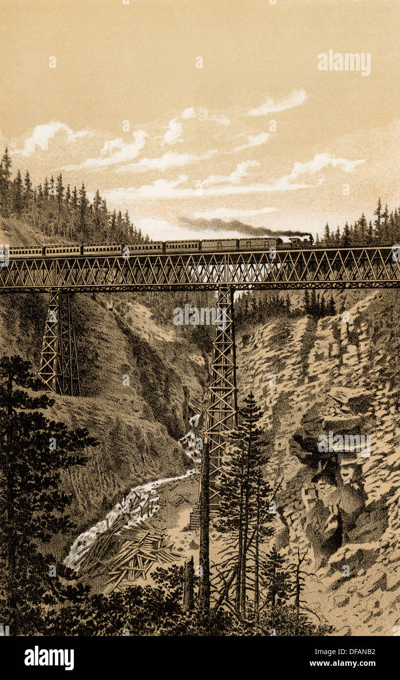 Canadian Pacific Railroad trestle über Stoney Creek, 296 Meter hoch, 1880. Gravur einer Fotografie Stockfoto