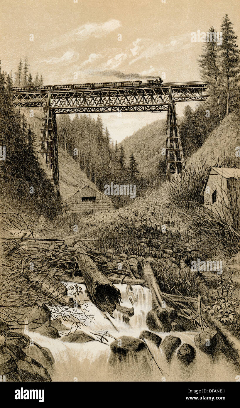 Canadian Pacific Railroad trestle über Überraschung Creek, British Columbia, 1880. Gravur einer Fotografie Stockfoto
