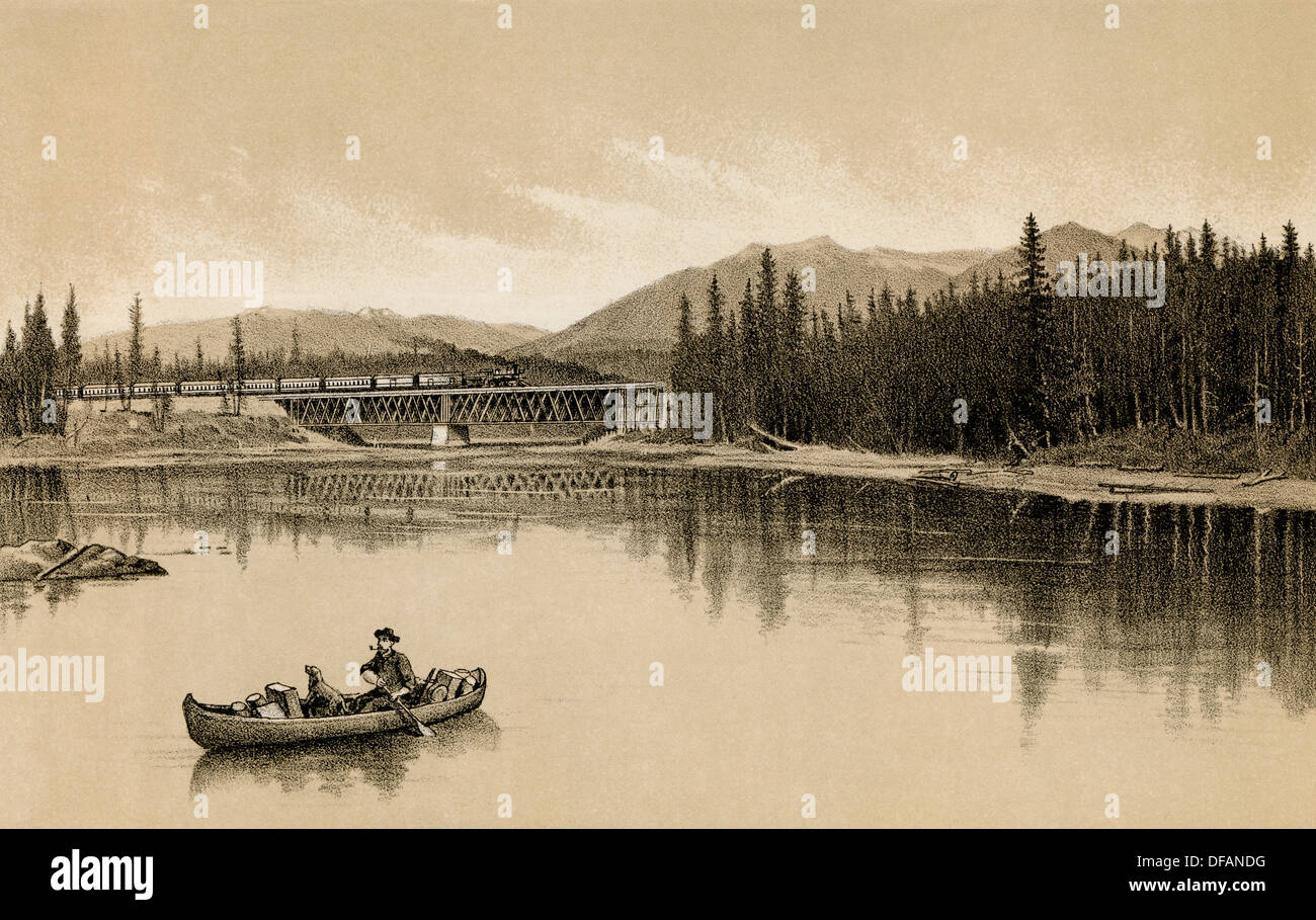 Canadian Pacific Railroad Crossing der Columbia River, British Columbia, 1880. Gravur einer Fotografie Stockfoto