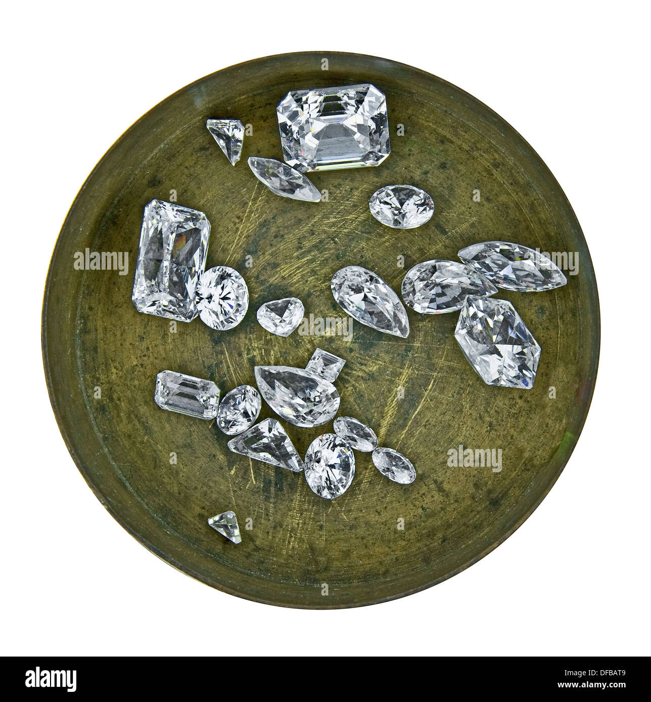 verschiedenen schneiden Cluster von Diamanten in einer Arbeitsgruppe Messing-box Stockfoto