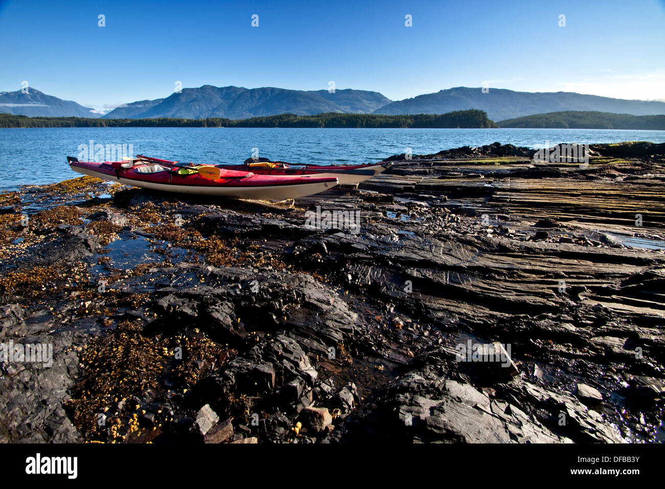 Kajaks auf dem Ufer von Johnston Strait in British Columbia, Kanada Stockfoto
