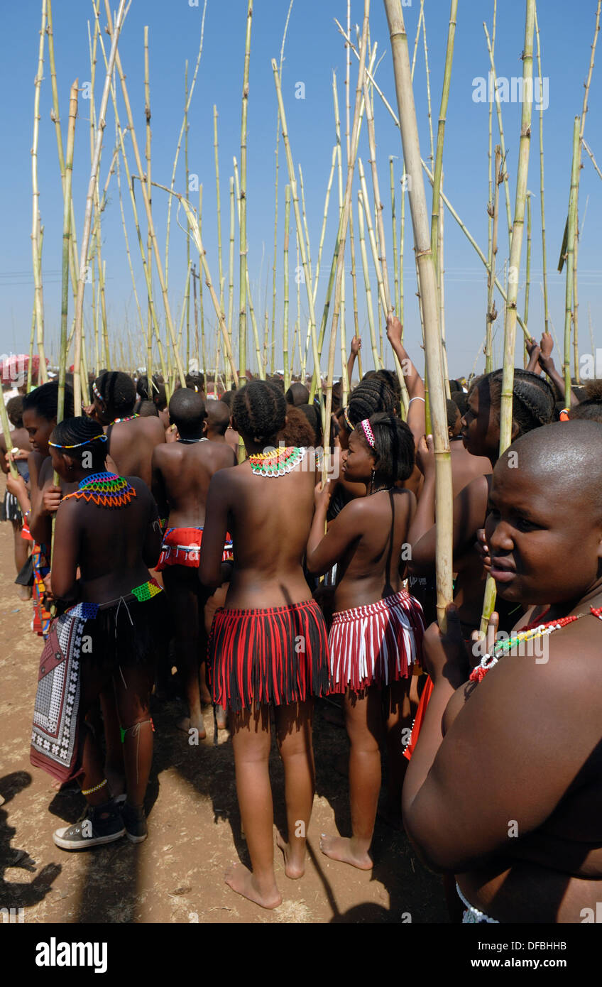 Tausenden Zulu Jungfrauen beteiligen Reed Dance wo Mädchen nach Durchlaufen eines Jungfräulichkeit Tests Schilf König Goodwill lag Stockfoto