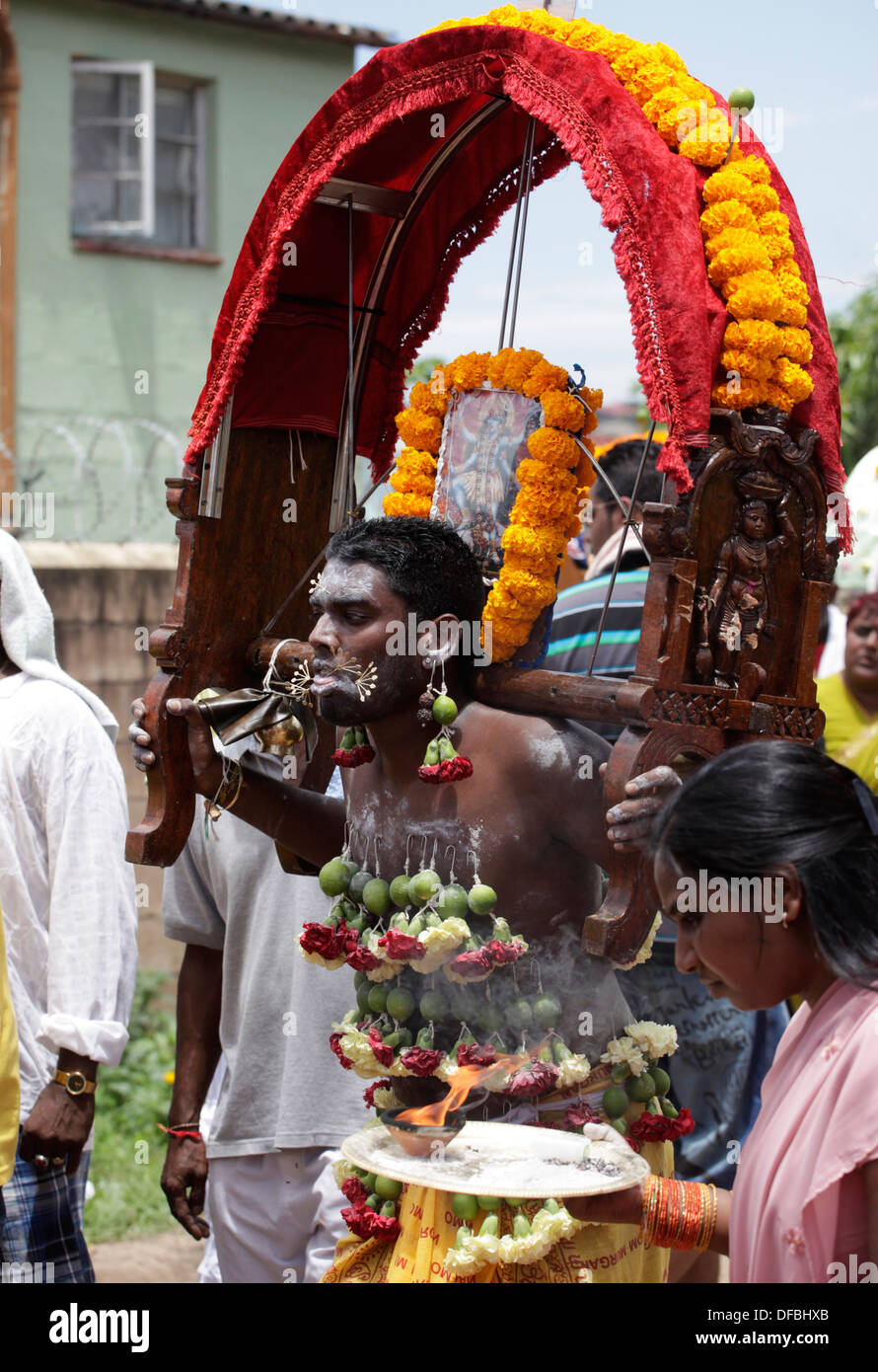 Ein Hindu Anhänger mit ihm über die Wangen mit einem Metall Spieß durchbohrt trägt ein "Kavadi" während Thaipusam Festival in Chatsworth in der Nähe Stockfoto