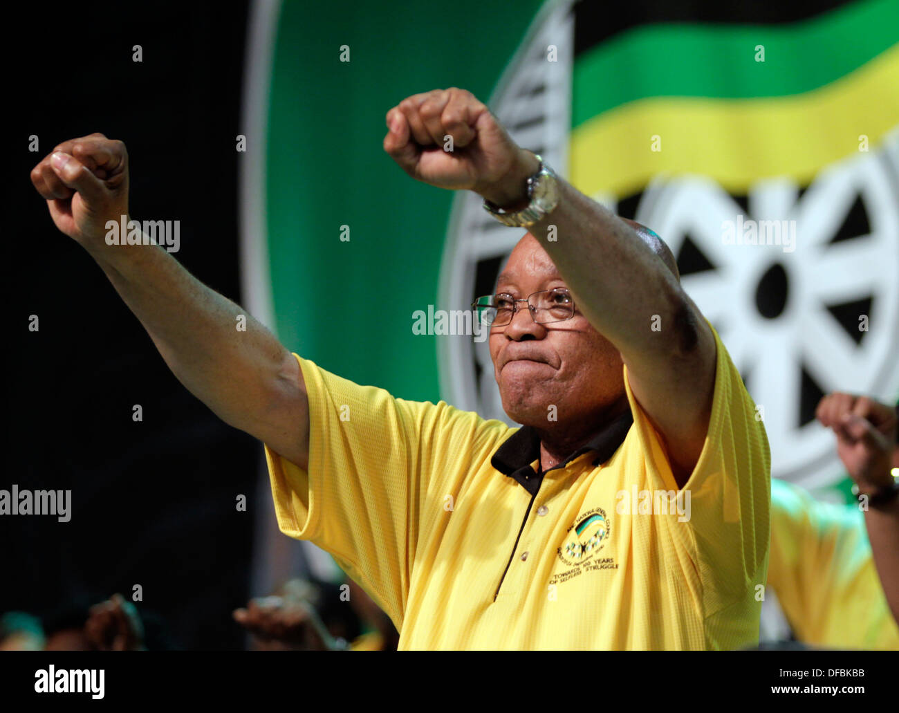 Präsident Jacob Zuma singt und tanzt African National Congress (ANC) nationalen Generalrat in Durban 20 September öffnen Stockfoto
