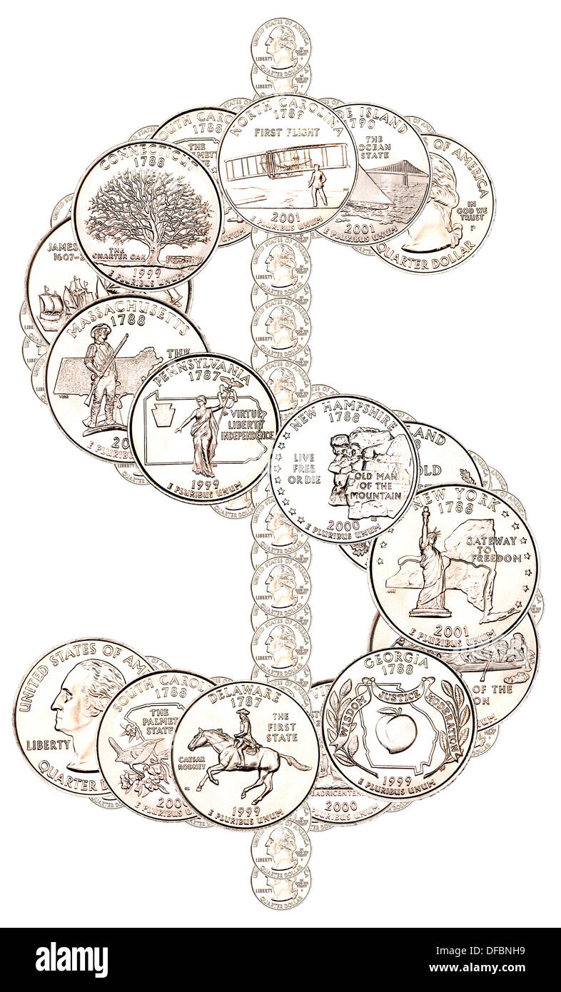Dollarzeichen hergestellt aus Viertel-Dollar-Münzen Stockfoto