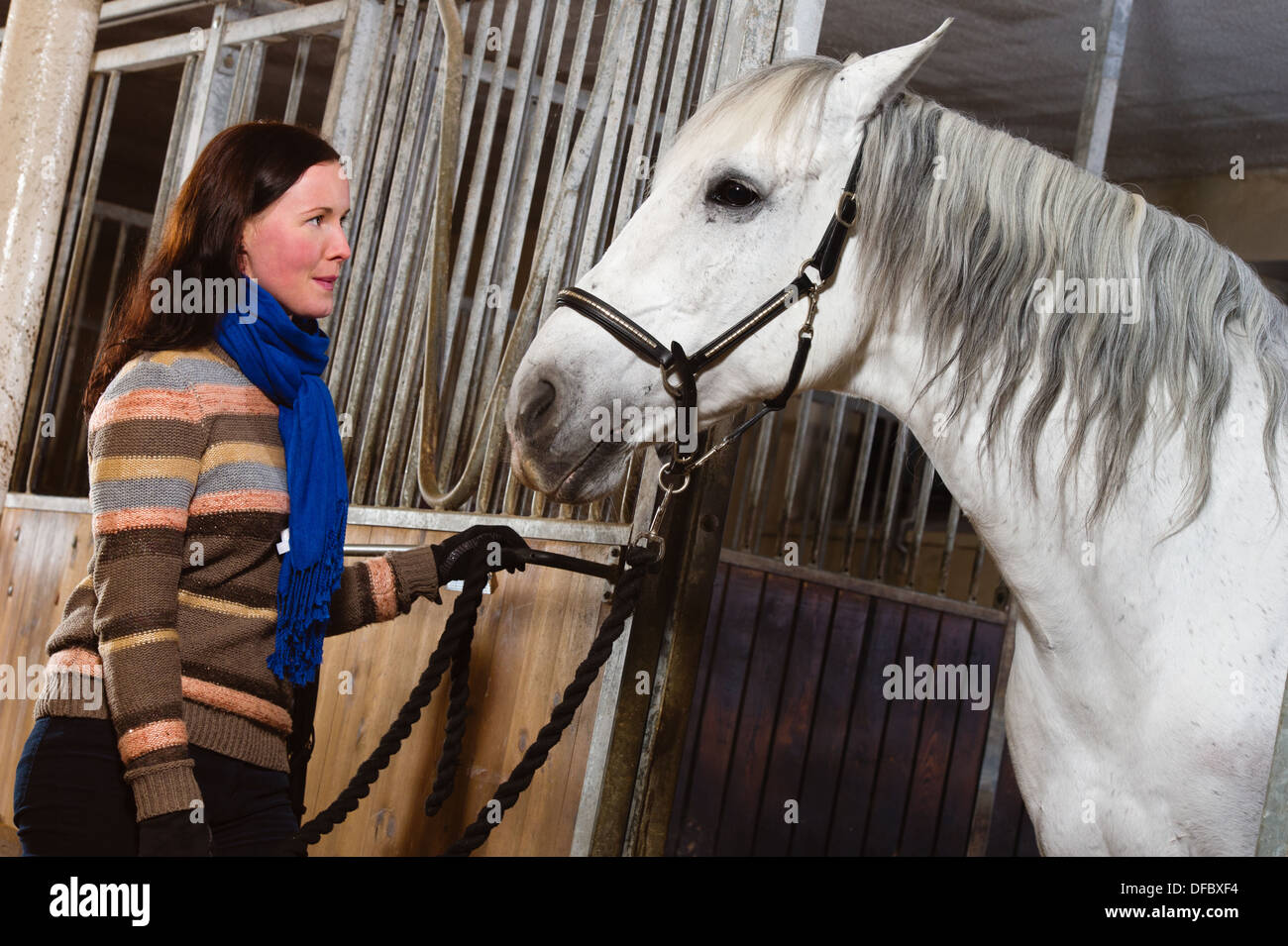 Frau und weißes Pferd in einem Stall, Horizont-format Stockfoto