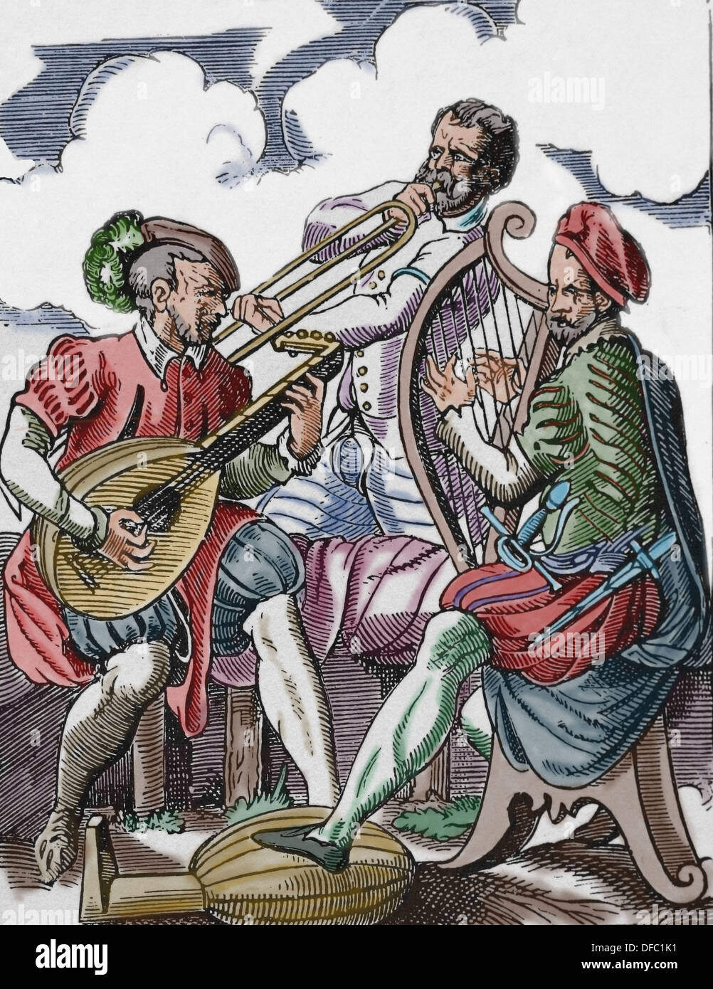 Europa. Musikgeschichte. 16. Jahrhundert. Musiker spielen verschiedene Musikinstrumente. Gravur des 19. Jahrhunderts. Spätere Färbung. Stockfoto