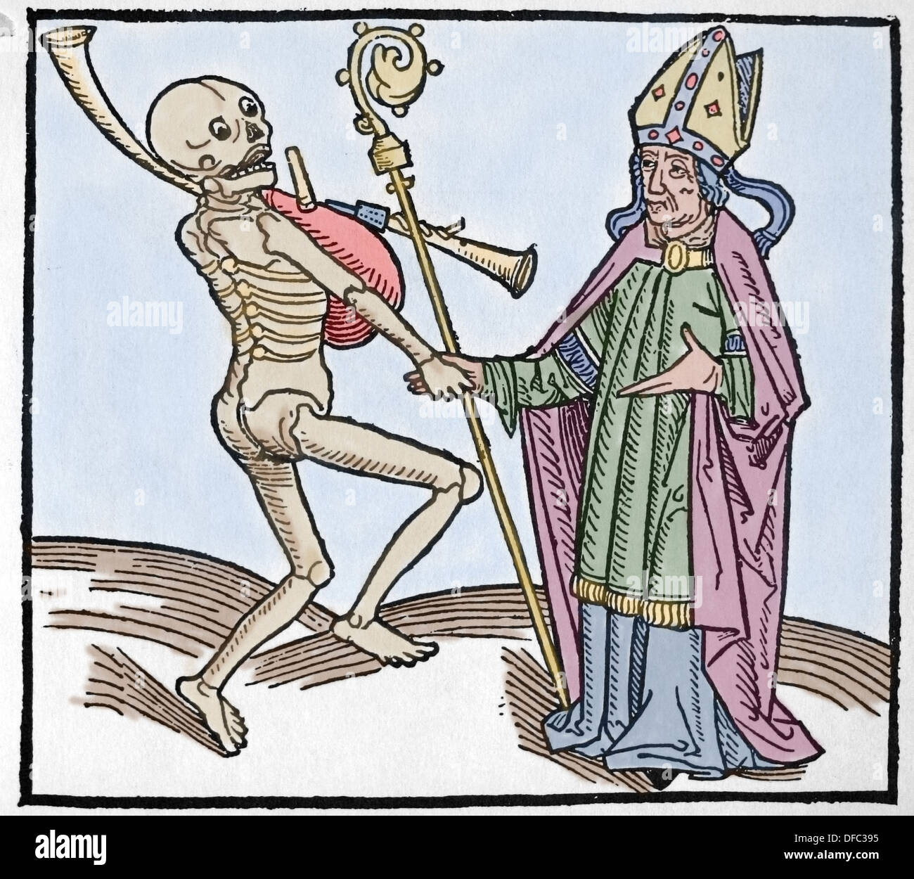 Mittelalterliche Periode. Europe.14th Jahrhunderts. Tanz des Todes. Allegorie der Universalität des Todes. Farbige Gravur. Stockfoto