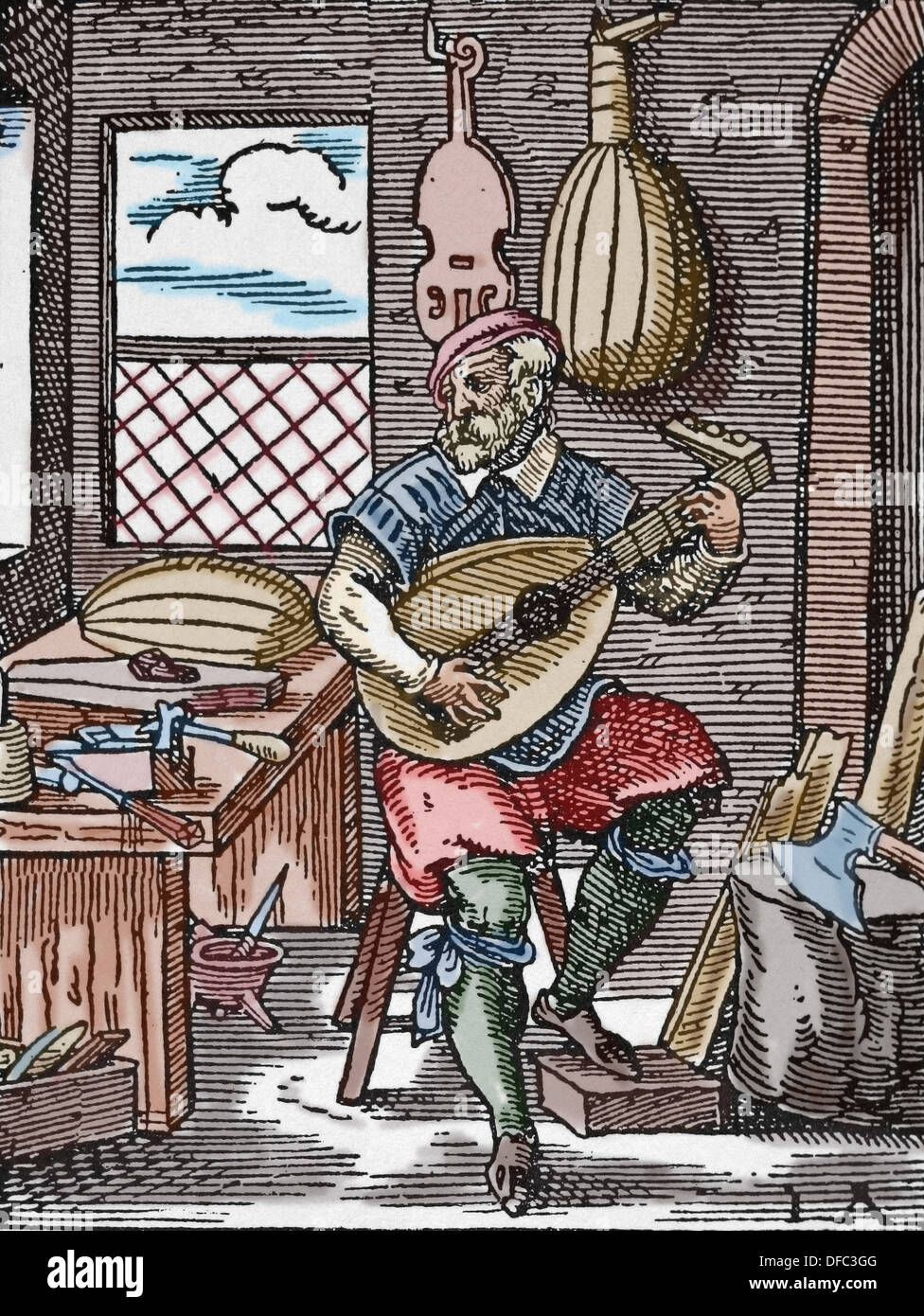 Europa. 16. Jahrhundert. Instrumentenbau. Laudes. Workshop. Innenraum. Farbige Gravur. Stockfoto