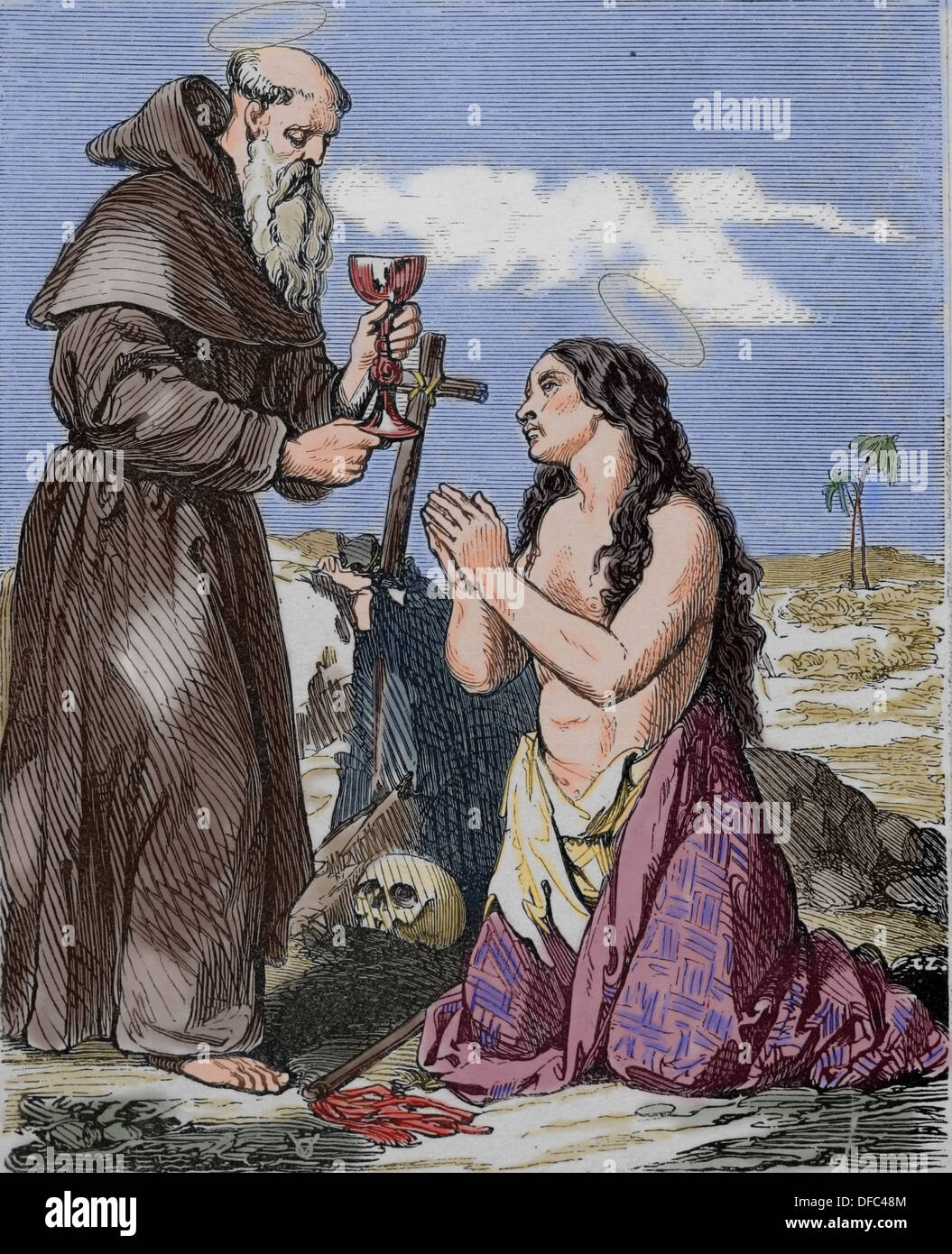 Maria von Ägypten (344-421). Schutzpatron der Büßer. Farbiger Kupferstich von Capuz. "Christliche Jahr", 1852. Stockfoto