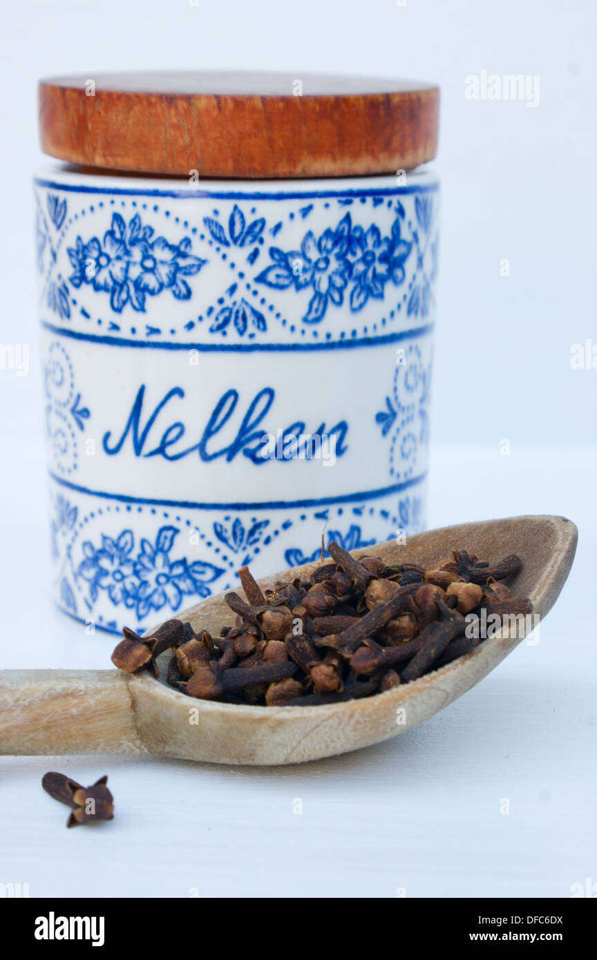 Nelken auf Holzlöffel mit Glas auf weißem Hintergrund, Nahaufnahme Stockfoto