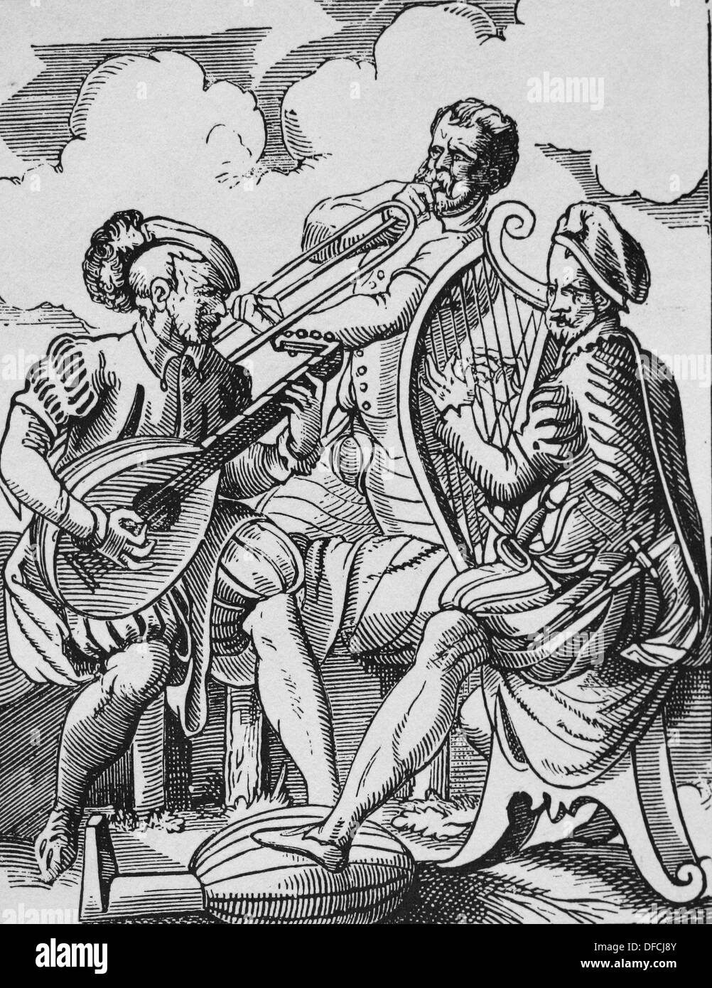 Europa. Musikgeschichte. 16. Jahrhundert. Musiker spielen verschiedene Musikinstrumente. Gravur des 19. Jahrhunderts. Stockfoto
