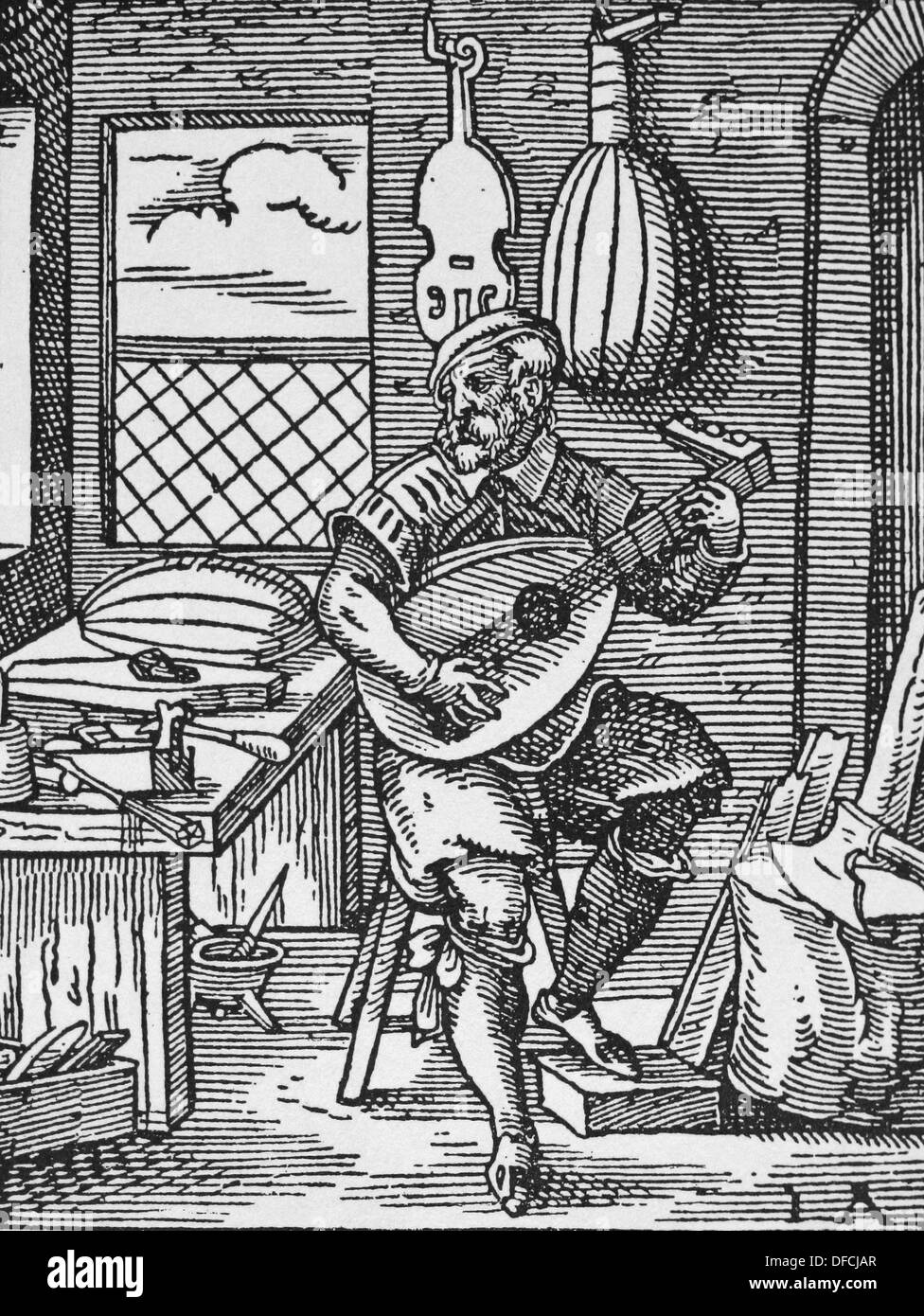 Europa. 16. Jahrhundert. Instrumentenbau. Laudes. Workshop. Innenraum. Gravur. Stockfoto