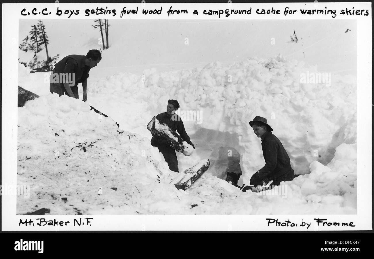 CCC Jungs immer Brennholz von A Campingplatz Cache für Erwärmung Skifahrer, Mount Baker National Forest, 1936. 299068 Stockfoto