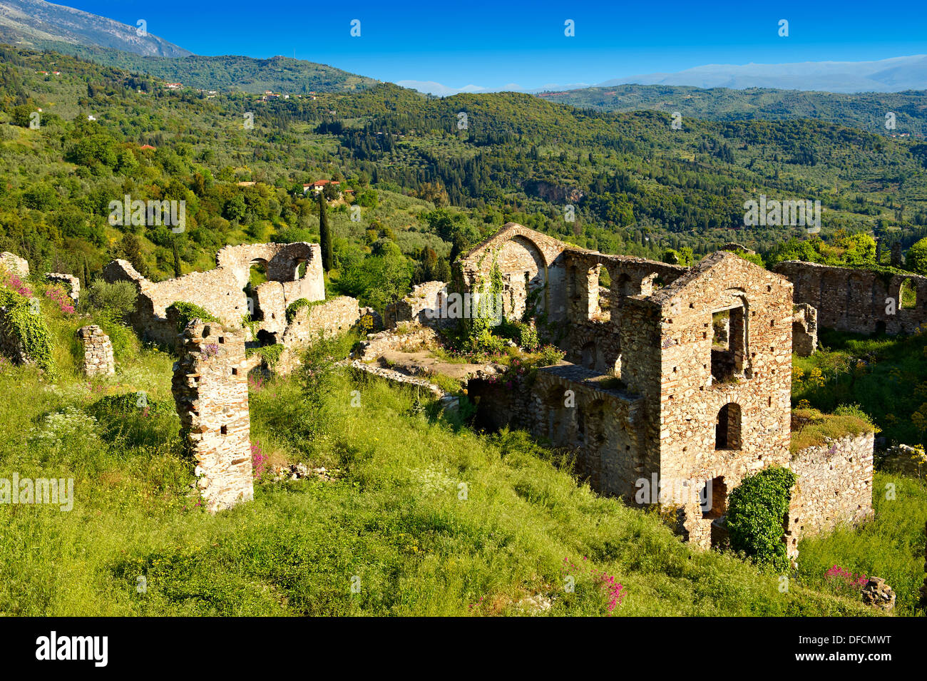 Blick auf die Ruinen und Kirchen der letzten byzantinischen Festung, Mystras Griechenland Stockfoto
