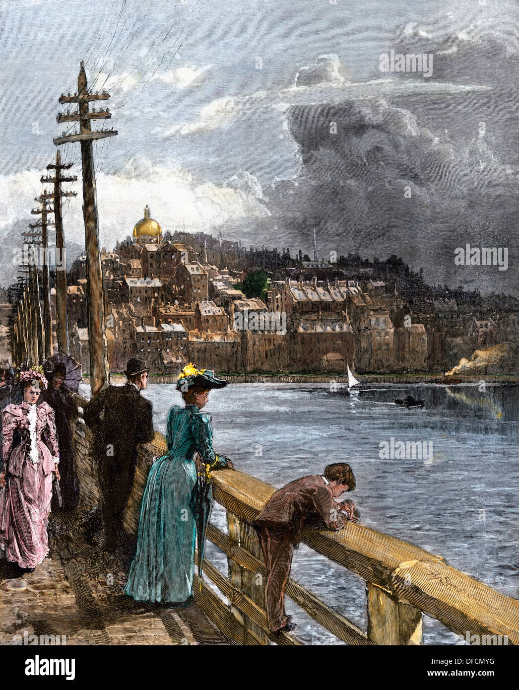 Anzeigen von Beacon Hill von West Boston Brücke über den Charles River, 1890. Hand - farbige Holzschnitt Stockfoto