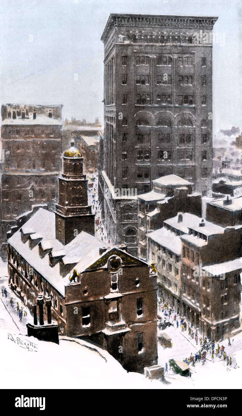 Old State House und dem neuen Ames Gebäude, Boston, 1890. Hand - farbige Holzschnitt Stockfoto