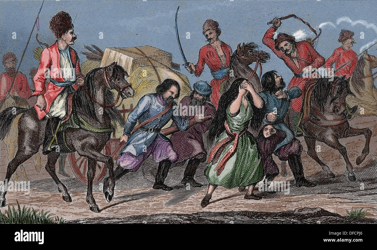 Russischen Reiches. 18. Jahrhundert. Russischen Leibeigenen am Don, Fluss von Russland. Farbige Gravur. Stockfoto