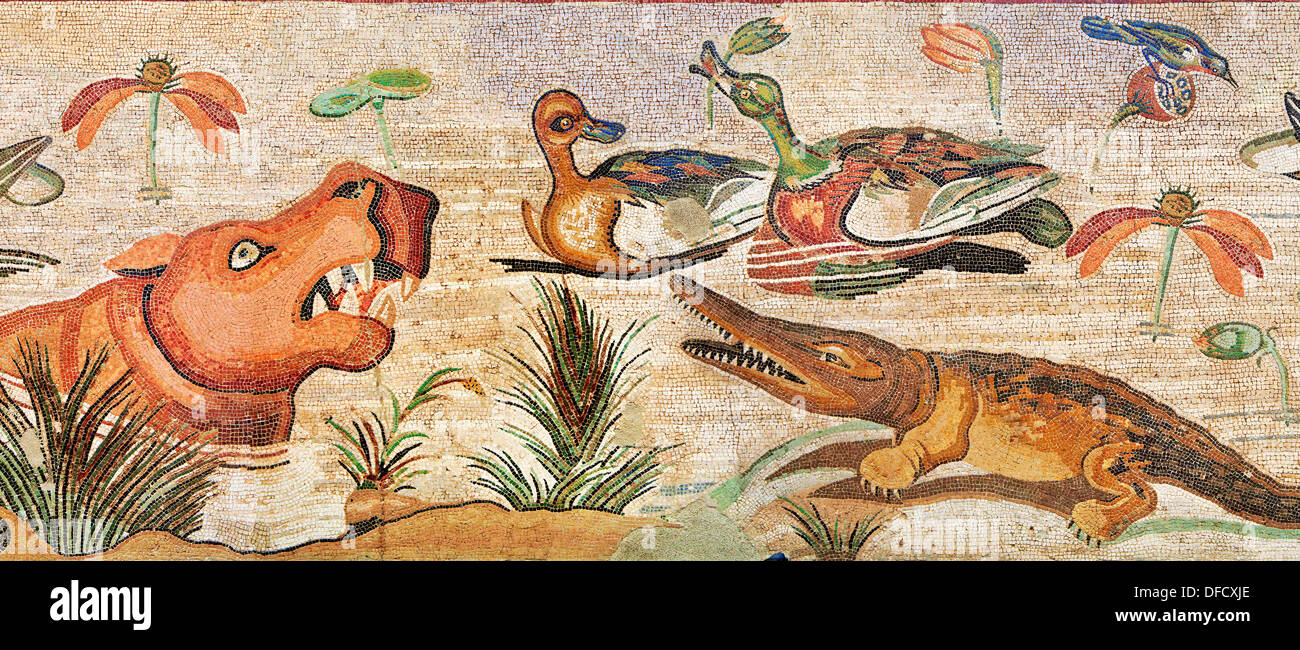 Nil-Szene römisches Mosaik (Scena Nileotica) von Tieren aus der Ausgrabungsstätte von Pompeji. Neapel archäologische Museum Inv 9990 Stockfoto