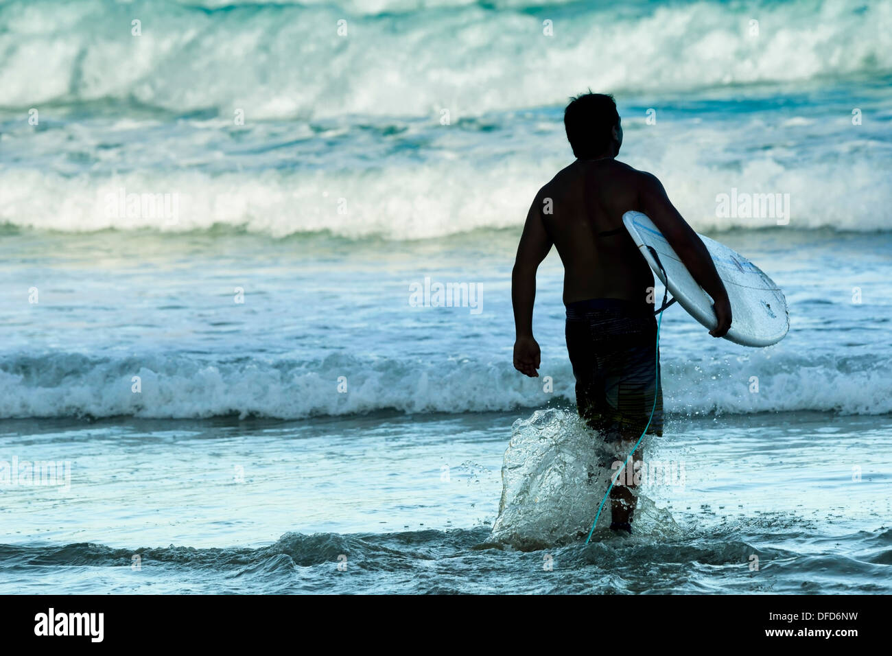 Silhouette des Mannes mit Surfbrett in Ozean mit Blick auf Wellen, Surfen, Strand, Victoria Bay, Indischer Ozean, Garden Route Stockfoto