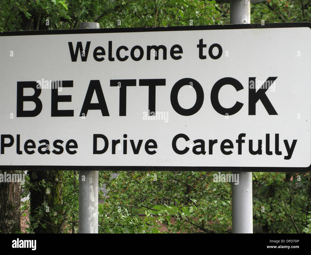 Willkommen bei Beattock Ortsschild, Dumfries and Galloway, Schottland, Großbritannien Stockfoto