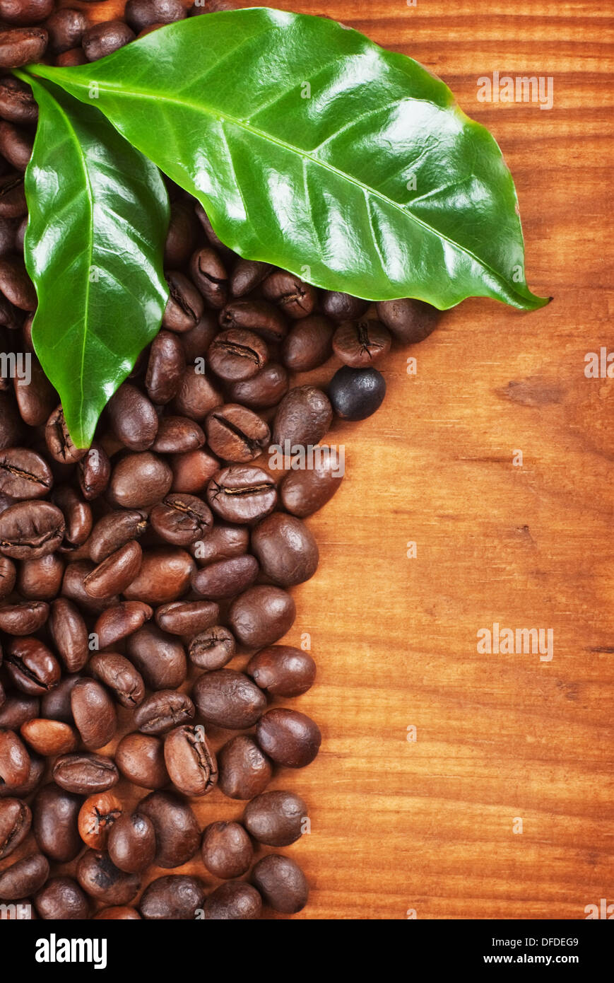 Kaffeebohnen über Holz Hintergrund Stockfoto