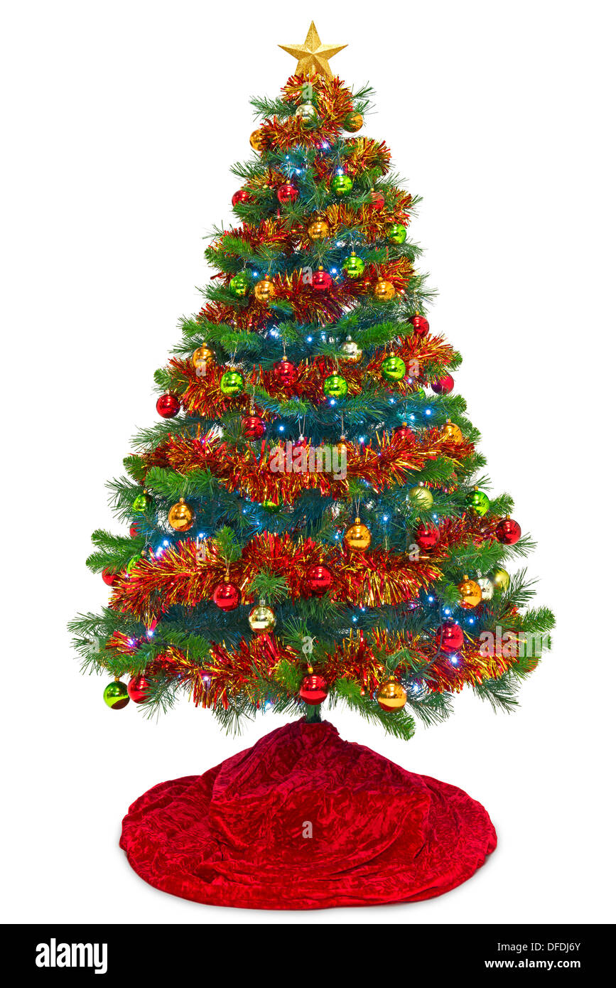 Weihnachtsbaum mit einem roten Rock, Dekorationen, Kugeln, Lametta und Lichterketten, isoliert auf weißem Hintergrund Stockfoto