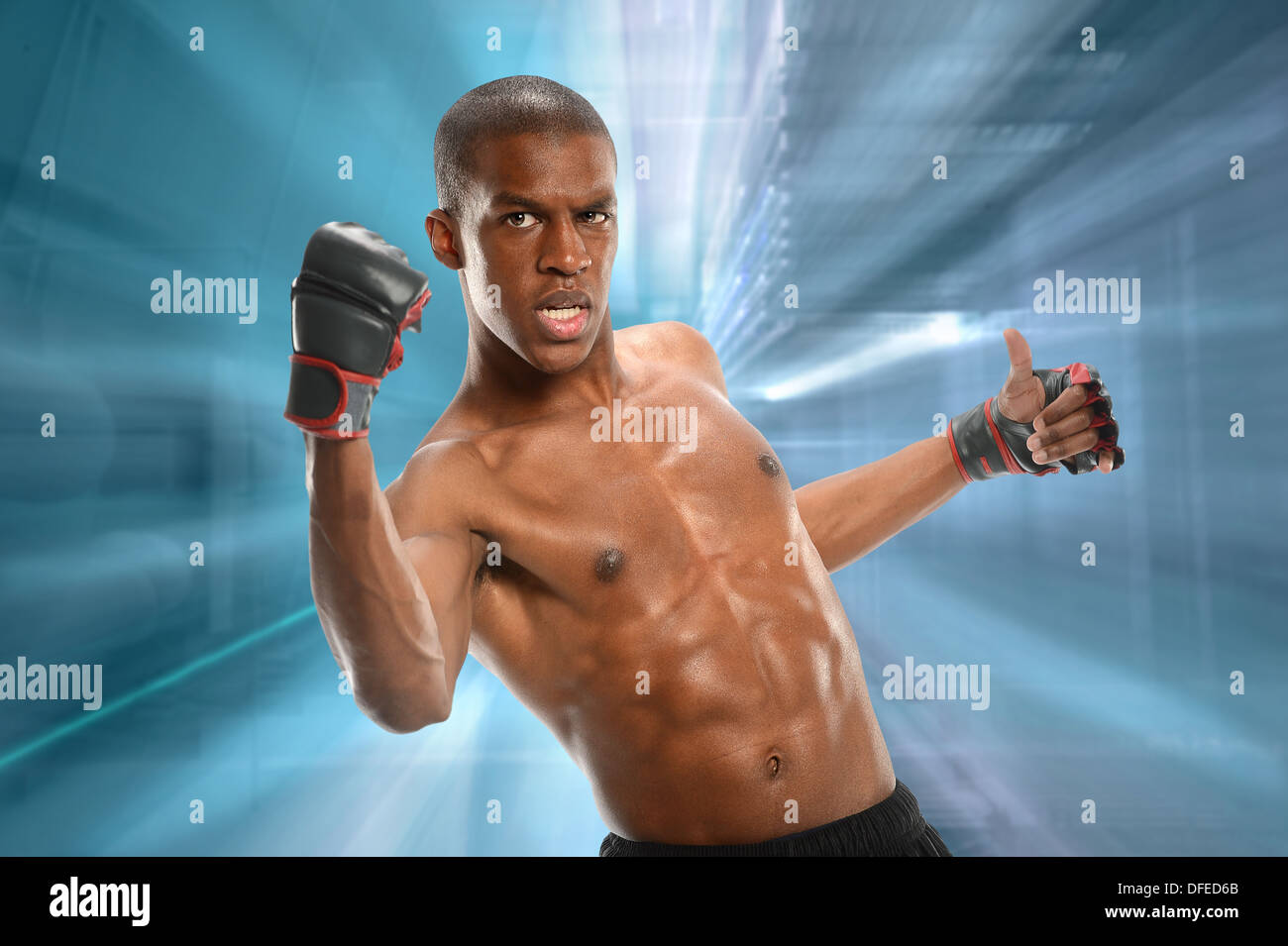 African American mixed Martial Arts Kämpfer über abstrakten Hintergrund Stockfoto