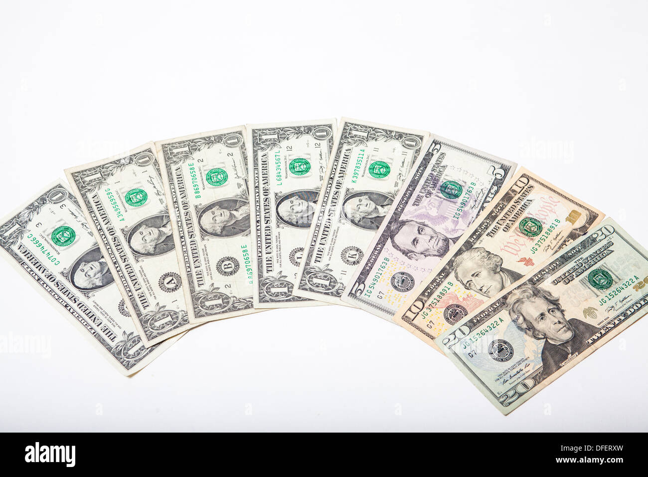 US-Währung auf weißem Hintergrund Stockfoto