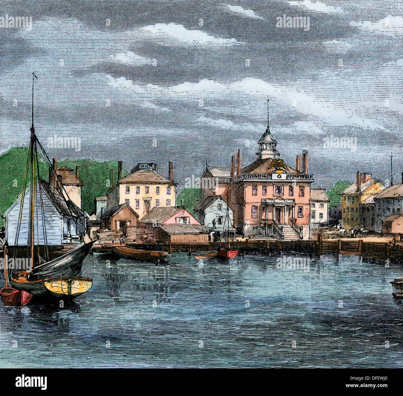 Hafen und die Custom-House in Salem, Massachusetts, um 1870. Hand - farbige Holzschnitt Stockfoto