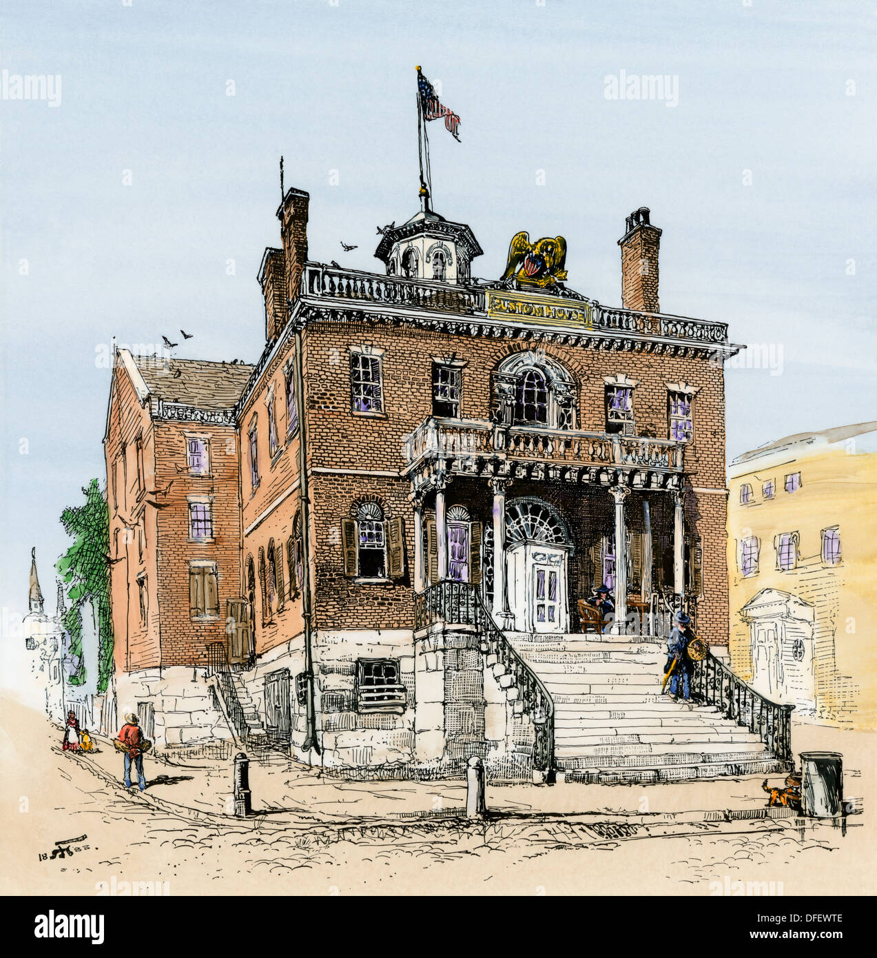 Salem Custom-House, wo Nathaniel Hawthorne gearbeitet, in den 1800er Jahren. Hand - farbige Holzschnitt Stockfoto
