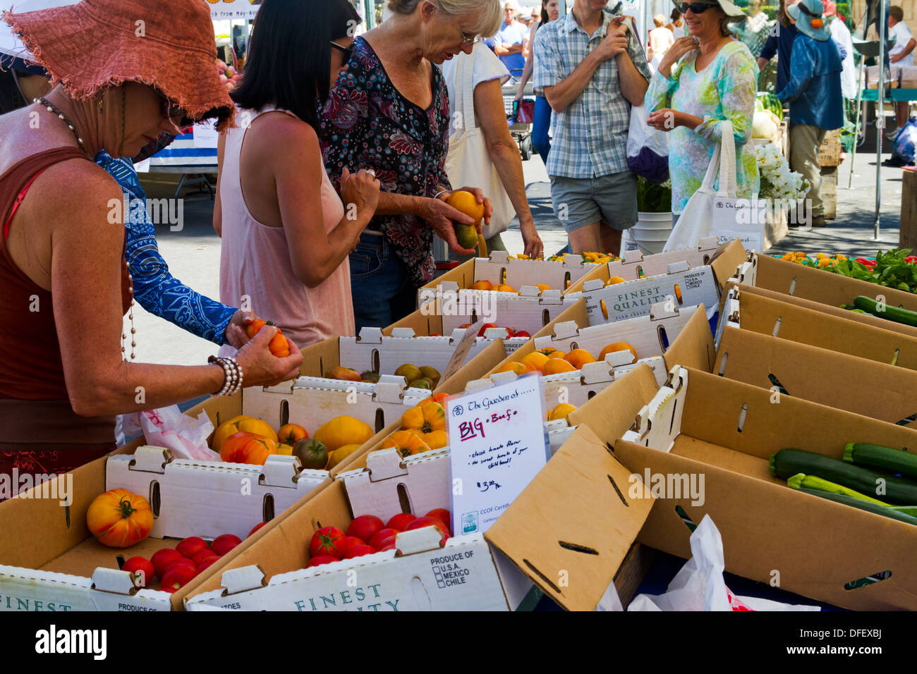 Kunden, die über produzieren auf einem Bauernmarkt in Santa Barbara, Kalifornien Stockfoto