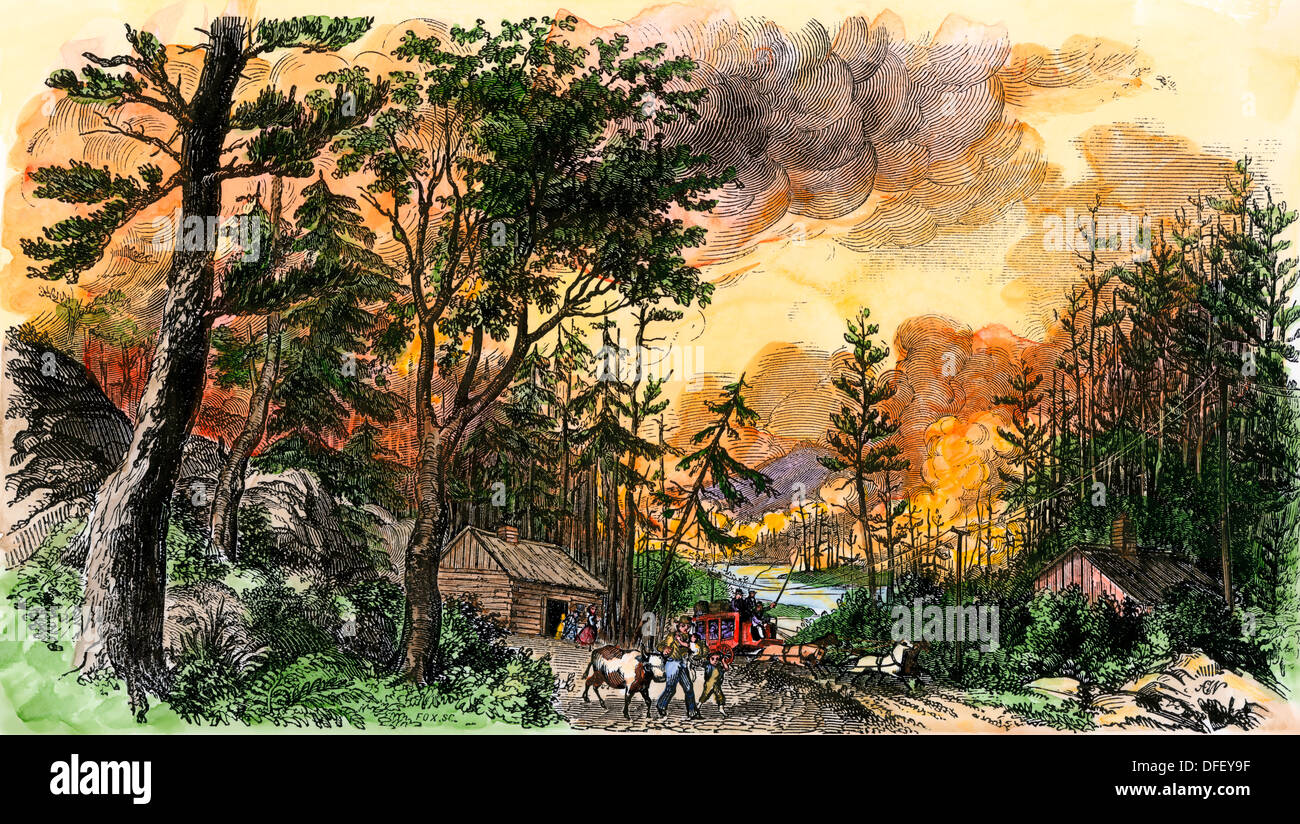 Eine Familie auf der Flucht vor Waldbrand in der Maine Woods, 1850. Hand - farbige Holzschnitt Stockfoto