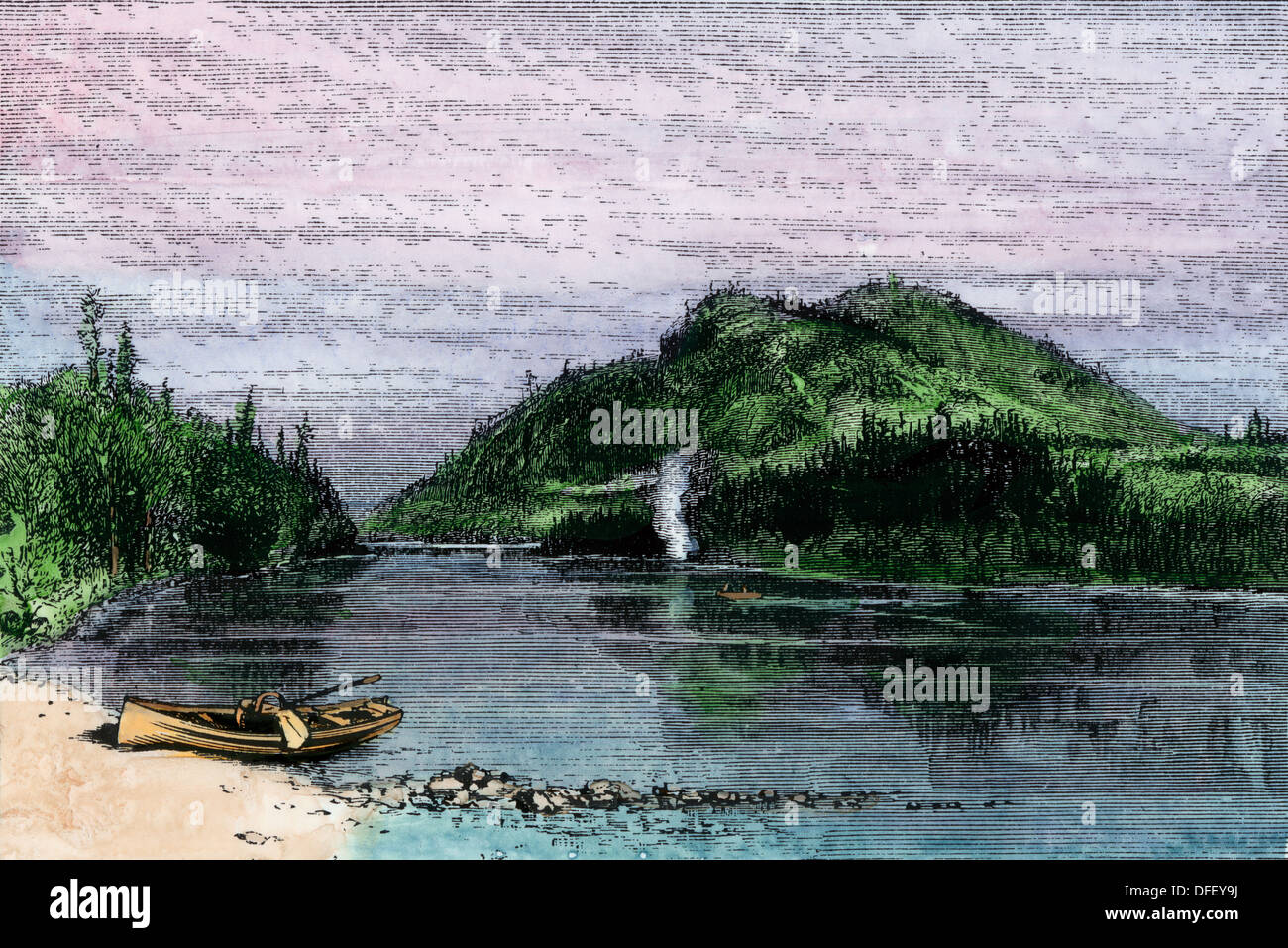 Echo Lake auf Mt Desert Island, Maine, um 1870. Hand - farbige Holzschnitt Stockfoto