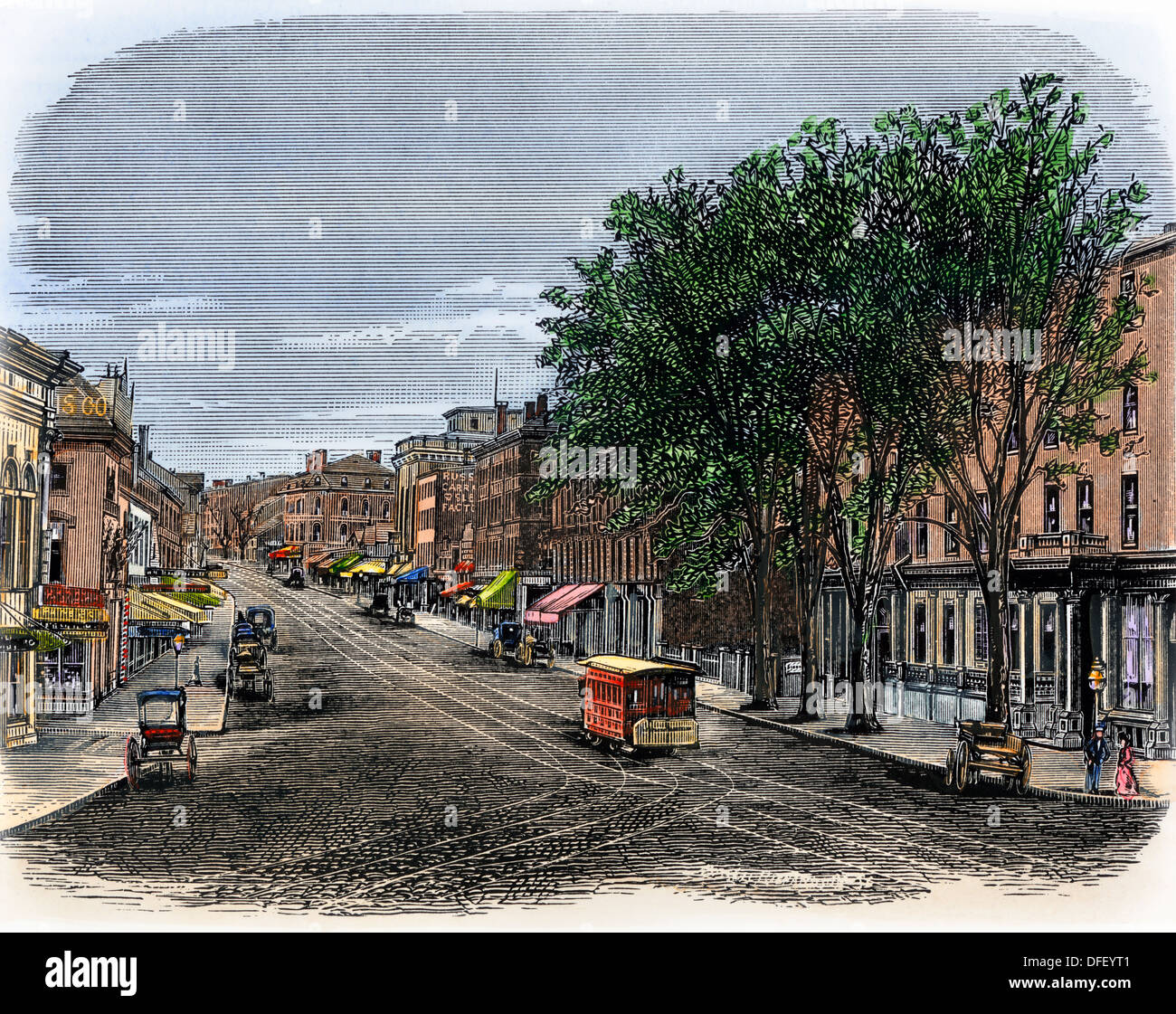 Die Congress Street in Portland, Maine, 1870. Hand - farbige Holzschnitt Stockfoto