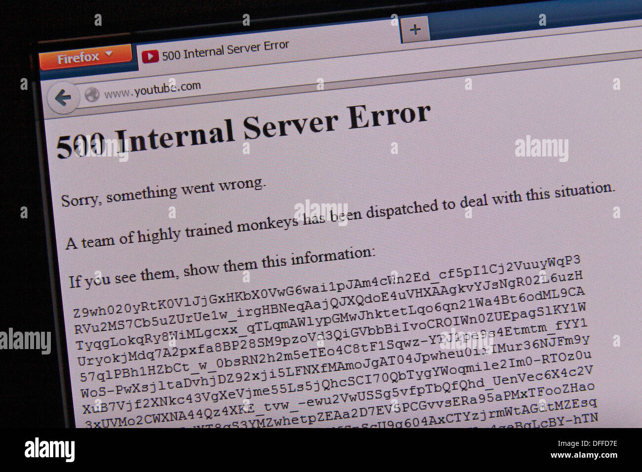 Das "Team von gut ausgebildeten Affen" Server Fehlerbildschirm wenn Sie YouTube.com herstellen können. Stockfoto