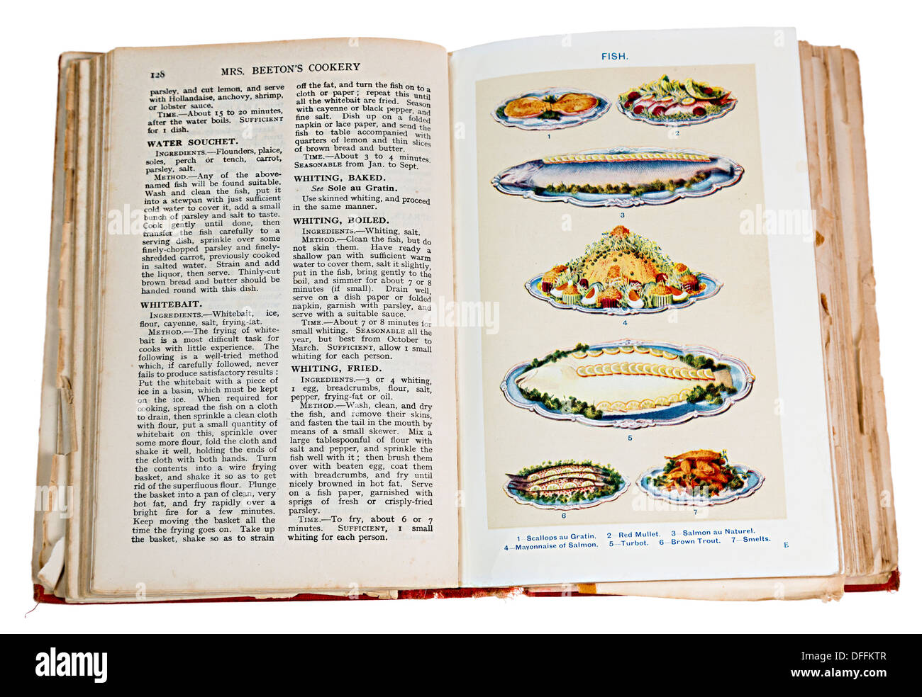 Frau Beaton Kochbuch 1923 Ausgabe zeigt aufgeschlagene Buch und die Platten zubereitete Fischgerichte Stockfoto