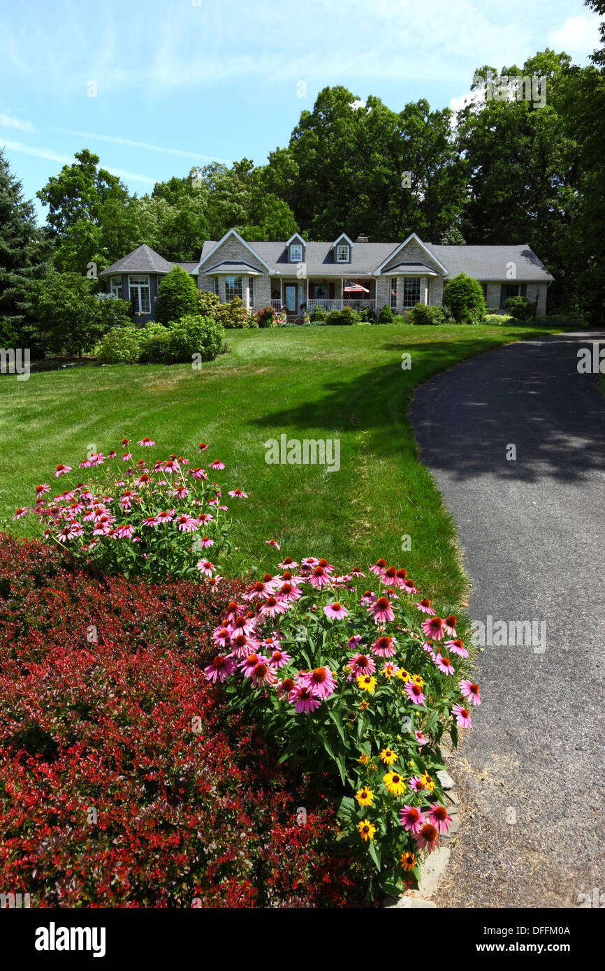 Lila Coneflower (Echinacea purpurea) und andere Sommerblumen vor dem Garten des Bungalows in einem eleganten Wohnvorort, Gettysburg, Pennsylvania, USA Stockfoto