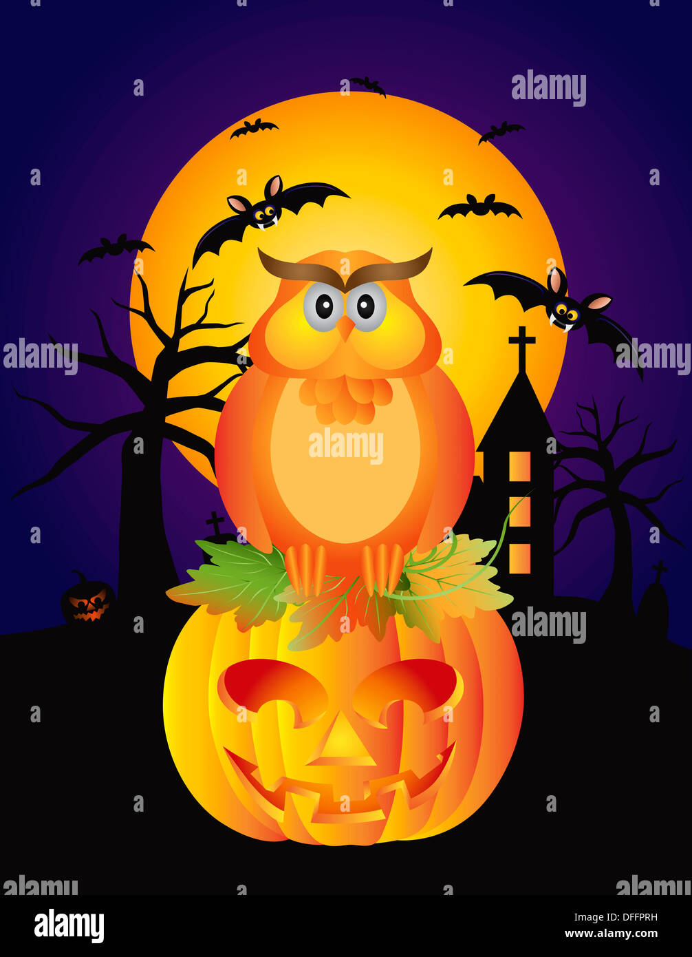 Happy Halloween Orange Herbst Farbe Cartoon Eule sitzt auf Jack O Lantern Kürbis mit Fledermäusen Mond Friedhof Hintergrund Illustration Stockfoto