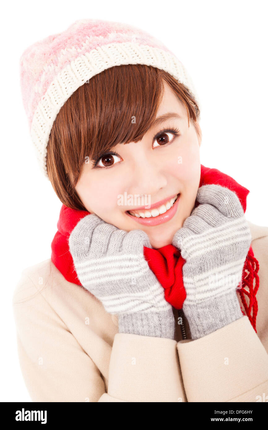 lächelnden Asiatin mit Winterbekleidung Stockfoto