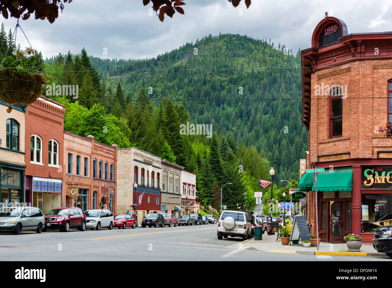 Bank Street (Main Street) in der historischen alten Silberbergbau Stadt von Wallace, Idaho, USA Stockfoto
