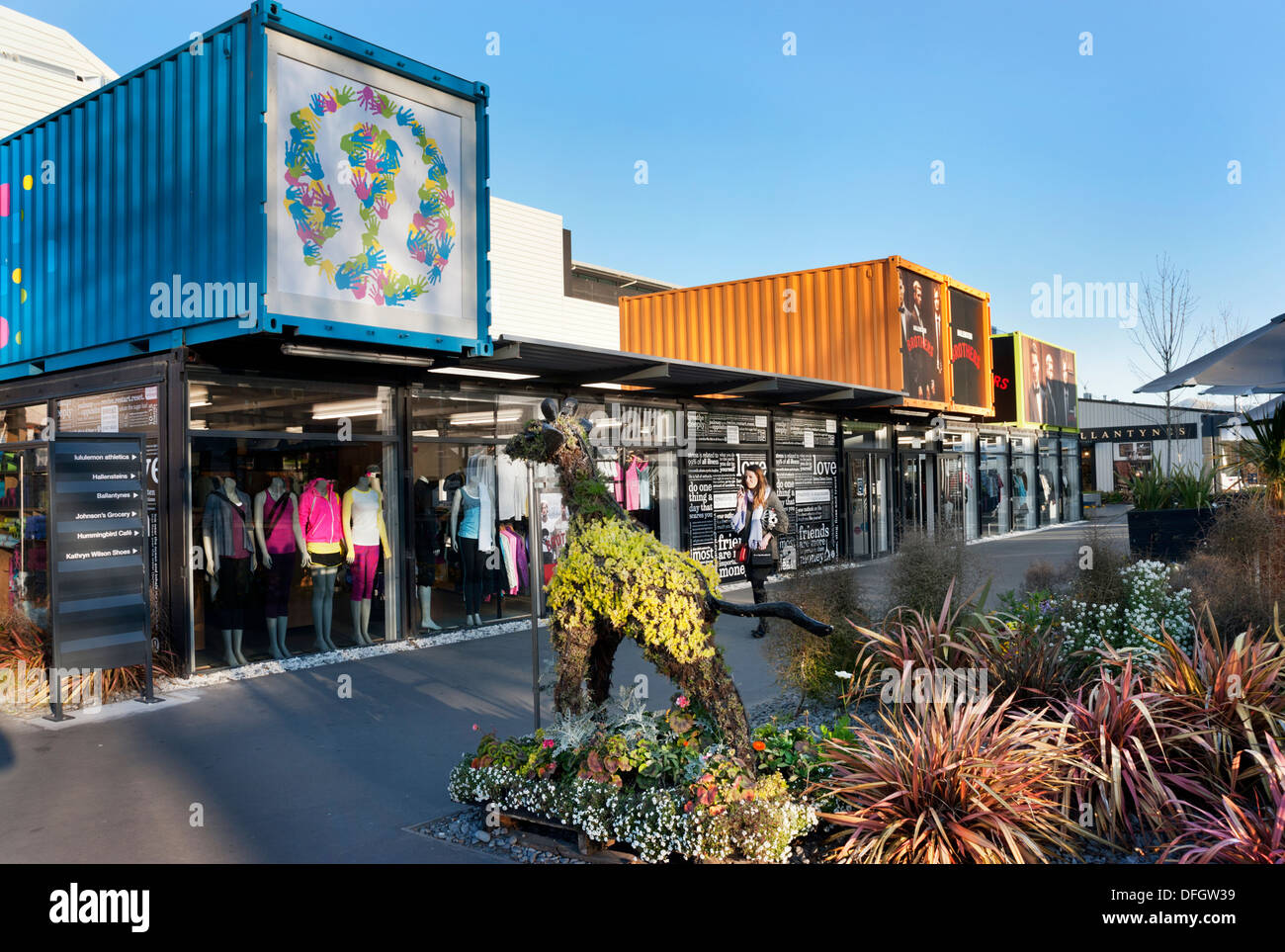Nach dem Erdbeben das Stadtzentrum von Christchurch, mit den neuen Container Shopping Mall, Cashel Street, South Island, Neuseeland, 2013 Stockfoto