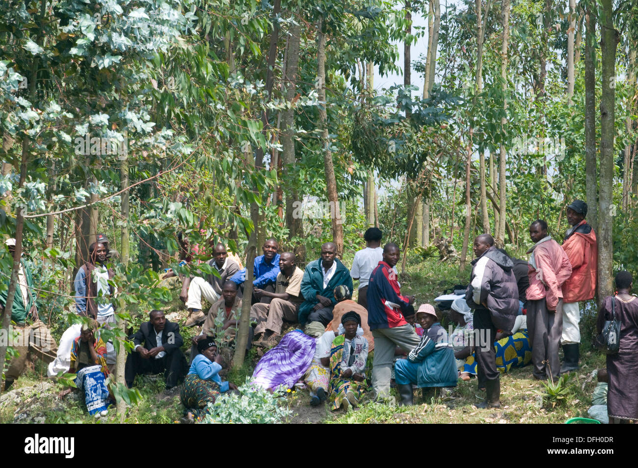 Ruandische Dorfbewohner treffen unter einer Waldlichtung Stockfoto