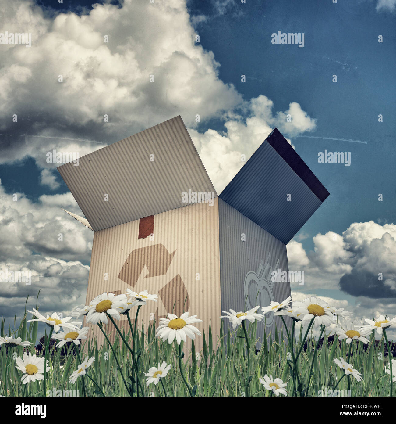 Karton mit Recycling-Zeichen auf dem grünen Rasen Stockfoto