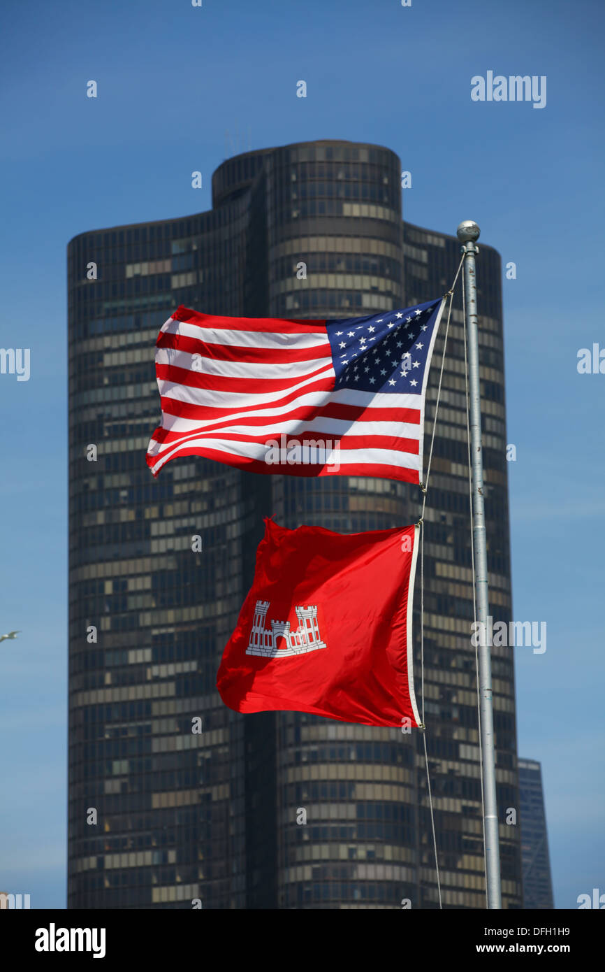 Lake Point Tower Chicago mit USA und Korps der Ingenieure US Army flags Lake Shore Drive Stockfoto Lake Point Tower Chicago mit USA und Korps der Ingenieure US Army flags Lake Shore Drive Stockfoto