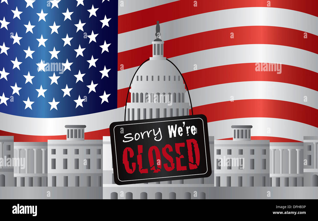 Washington DC US Capitol Building mit wir sind geschlossen Schild an uns American Flag Hintergrund Illustration Stockfoto