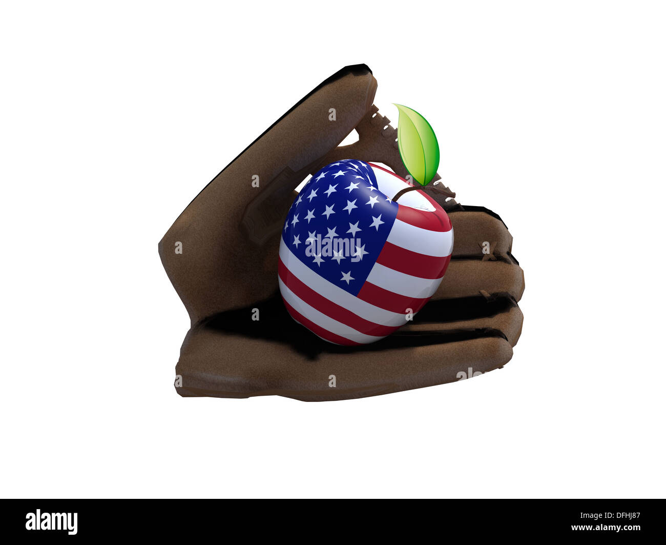 Baseball-Handschuh und Apfel mit der Schale an amerikanische Flagge, 3d illustration Stockfoto