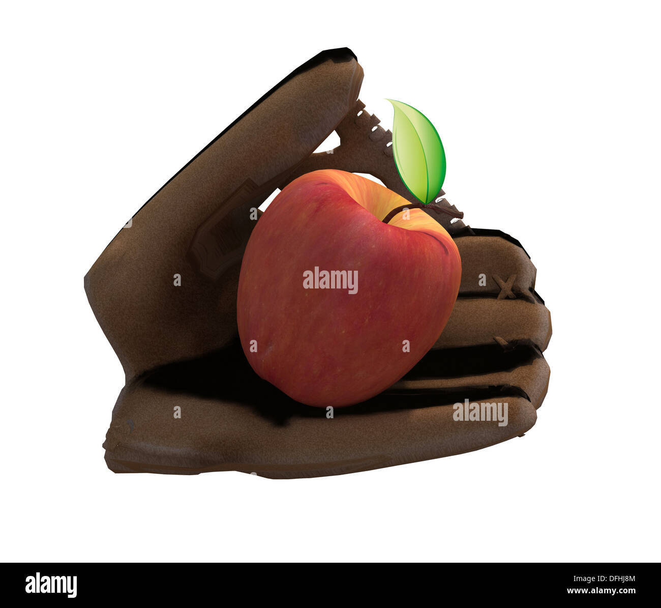 Baseball-Handschuh und Apfel, Konzept des Naturschutzes, 3d illustration Stockfoto