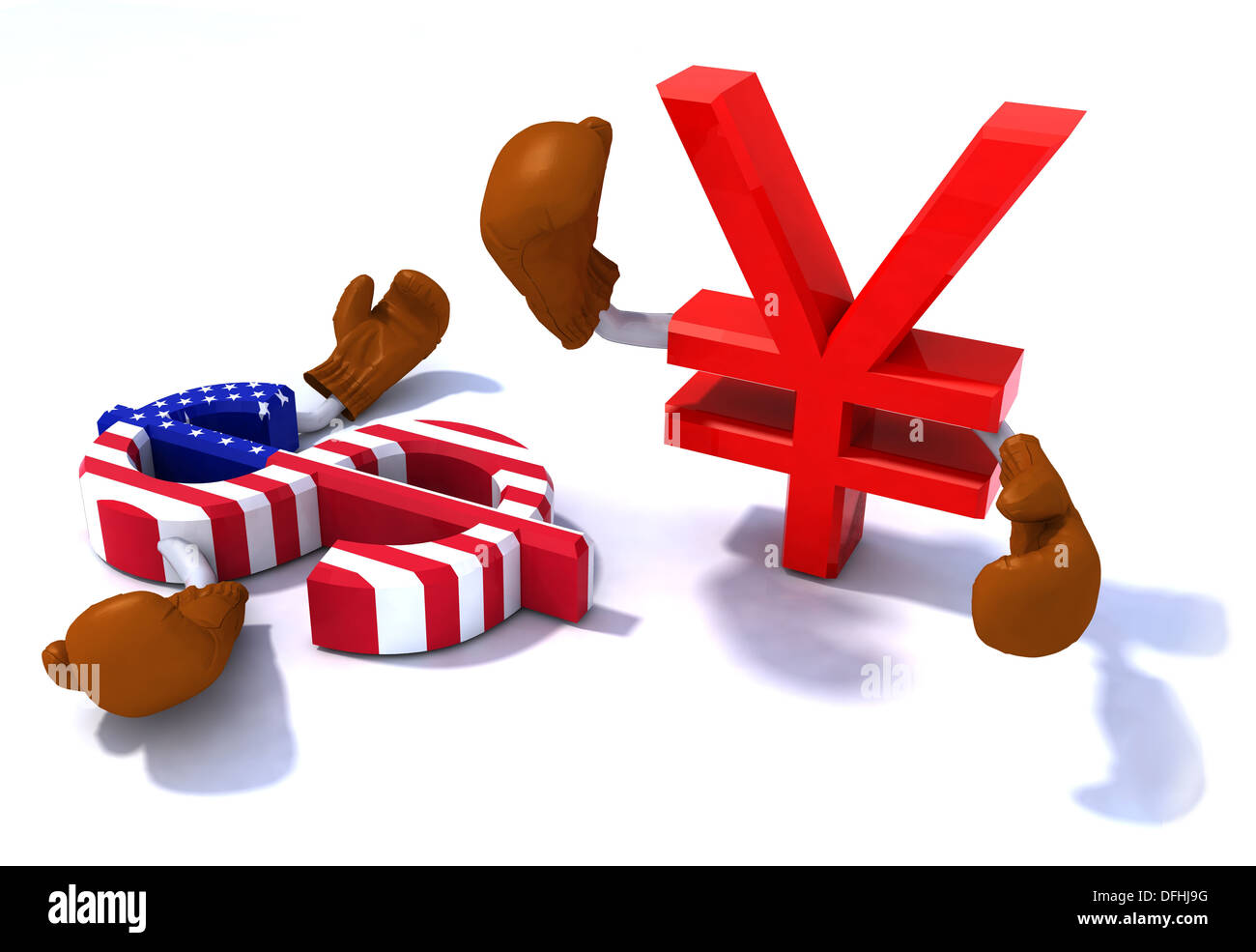 Symbol des Yen und Dollar kämpfen mit Boxhandschuhen, 3d illustration Stockfoto